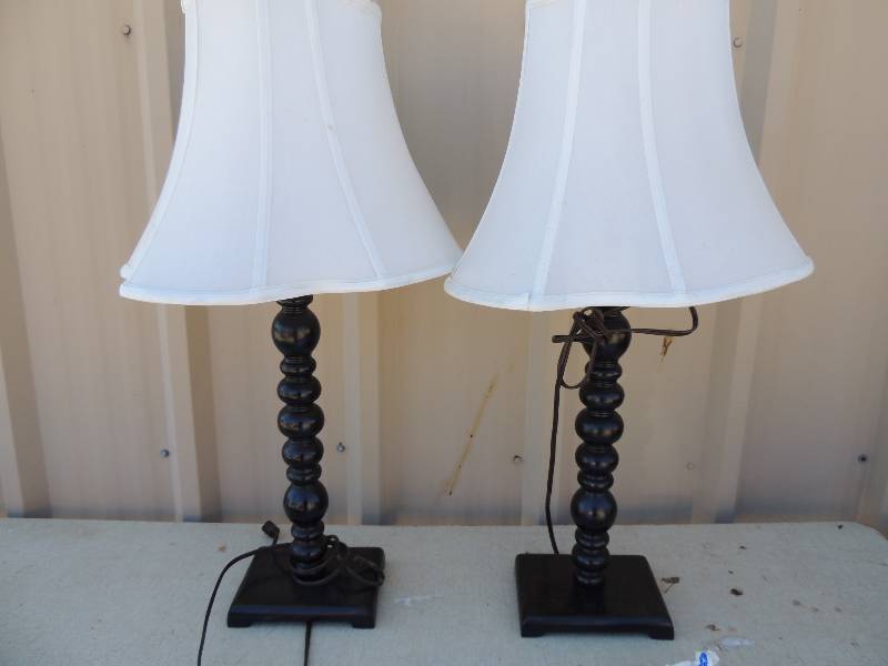 lot 721 image: 2 black bubble column design side  lamps with shades