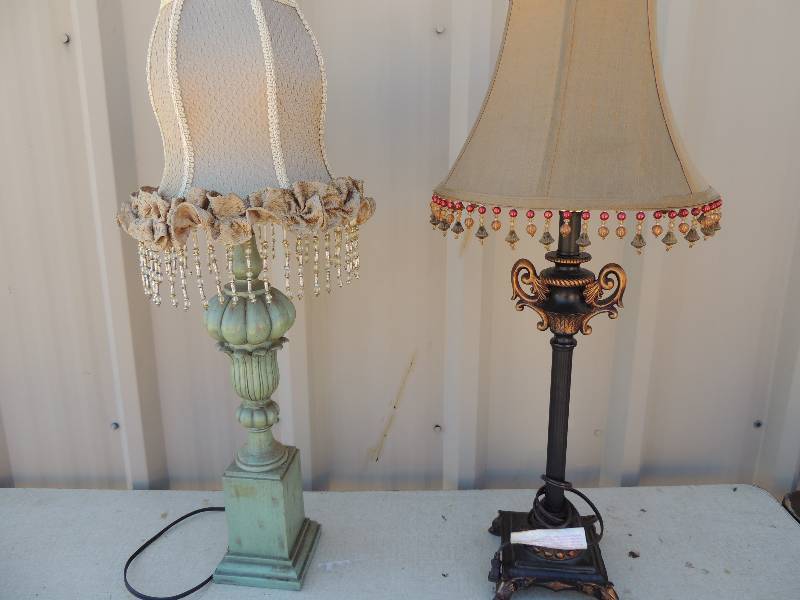 lot 722 image: Brown wGold accents table lamp - Fabric shade and Green Plaster  Lamp(has crack)  with Fabric boudoir shade