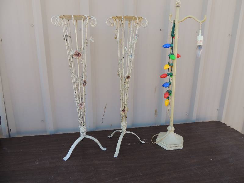 lot 723 image: 2 large metal rose design candle stand.   Street Lamp Style Lamp with hanging Shade