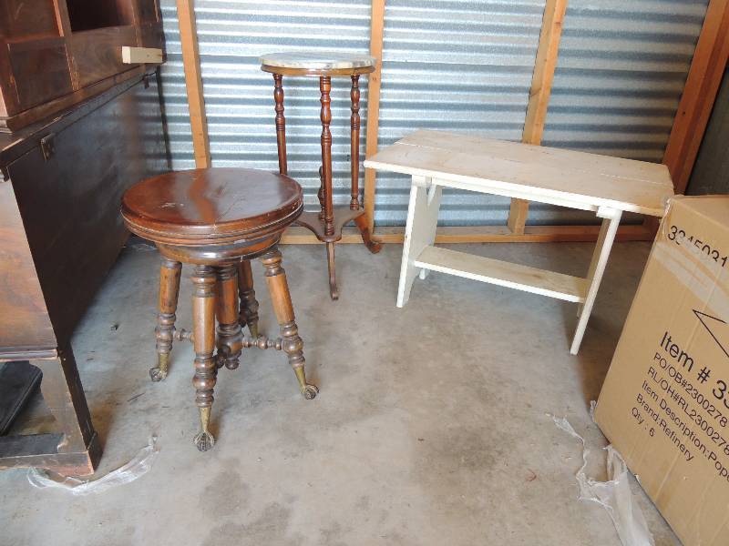 lot 702 image: PIANO STOOL adjustable height with Claw on Ball Feet. Nice condition 24. Marble top wooden table 28 tall 13  34 diameter. White Side Table Wooden 19 tall 30 long 18 wide