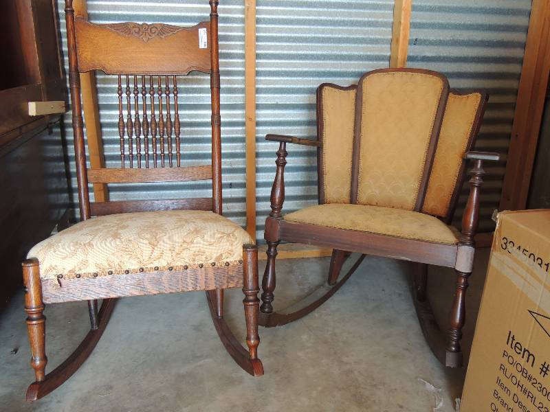 lot 703 image: Two Vintage Rocking chairs with cushion seats.  Tall rocker  Spindled Back 45  12 tall       Short rocker  has Cushioned  Back 32 tall