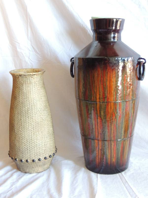 lot 728 image: Metal Vase brown top with multicolor finish 22 tall.    Beaded decorative vase 15 tall