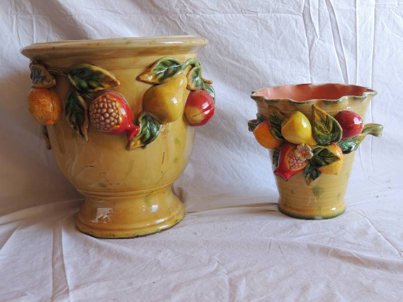 lot 735 image: 2 matching Maxcera clay flower pots 2006.
