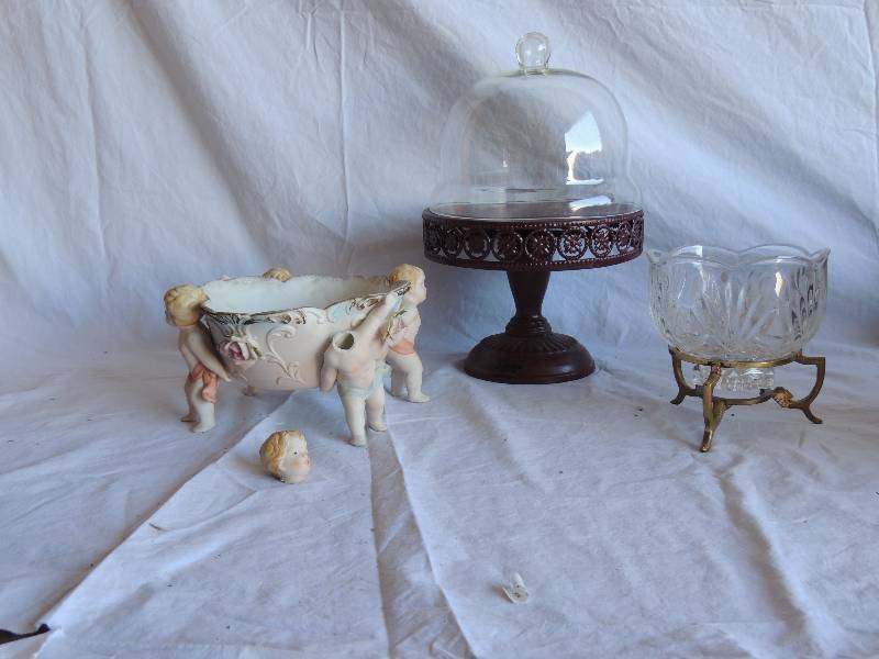 lot 737 image: Mini metal covered CHEESE plate,    glass candy dish with metal stand,     Vcagco Cherub bowl ( one has broken head but the piece is there)  -  Japan