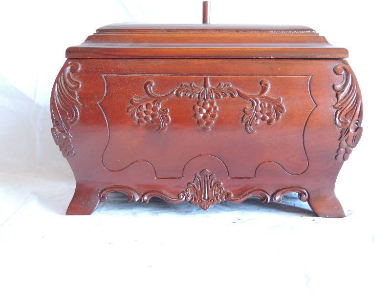 lot 738 image: Indonesian Wooden carved box with lid 8  12 tall 11  34long