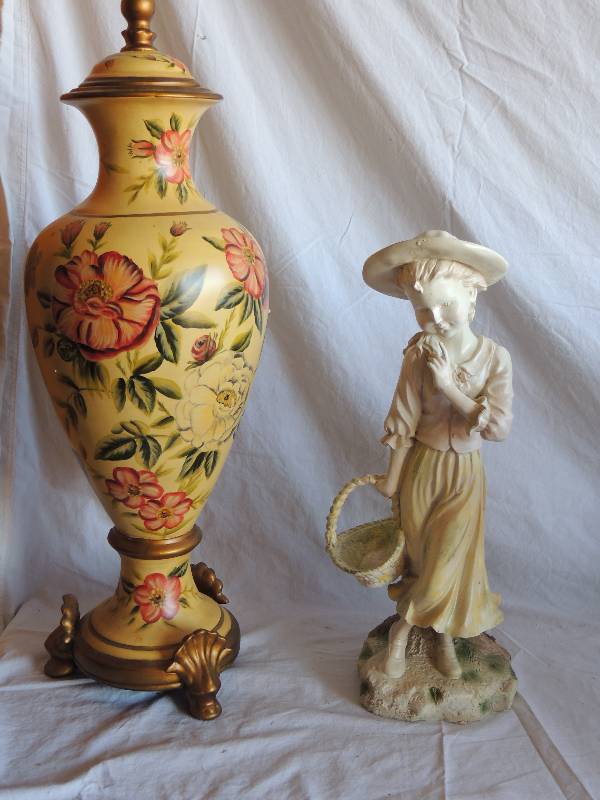lot 743 image: Lilly August vase with lid  Floral motif 25  12 tall   Woman figurine with hat holding a basket 18 tall