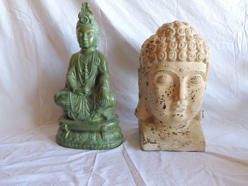 lot 745 image: Buddha head statue 16 tall.  9 W     Green Buddha statue 19  12 tall 9 W ceramic marked - Margie C-19