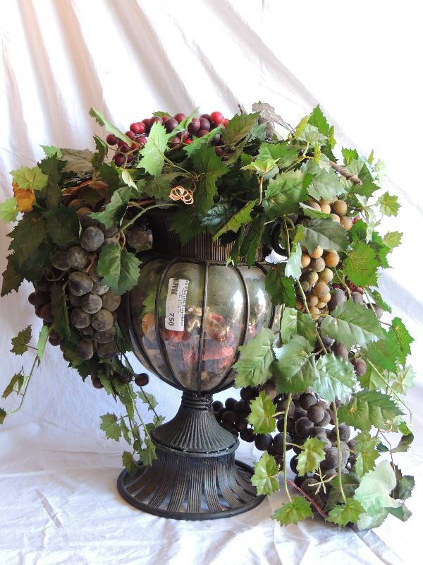 lot 750 image: Large clay outdoor planter.    Vase made of glass  & metal full of faux fruit