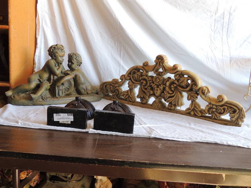 lot 752 image: Mantle wall art 11 tall x 31 long.    2 CHILDREN SITTING AT FOUNTAIN  statue stand 11  12 tall    2 Book ends 11 tall