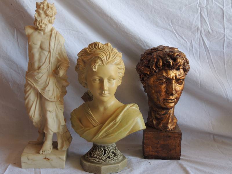 lot 754 image: Bronze DAVID  head sculpture 13 tall,  ARTEMIS DIANA Bust Head  13 tall,    Zeus statue - hand broken and missing arm 17 tall