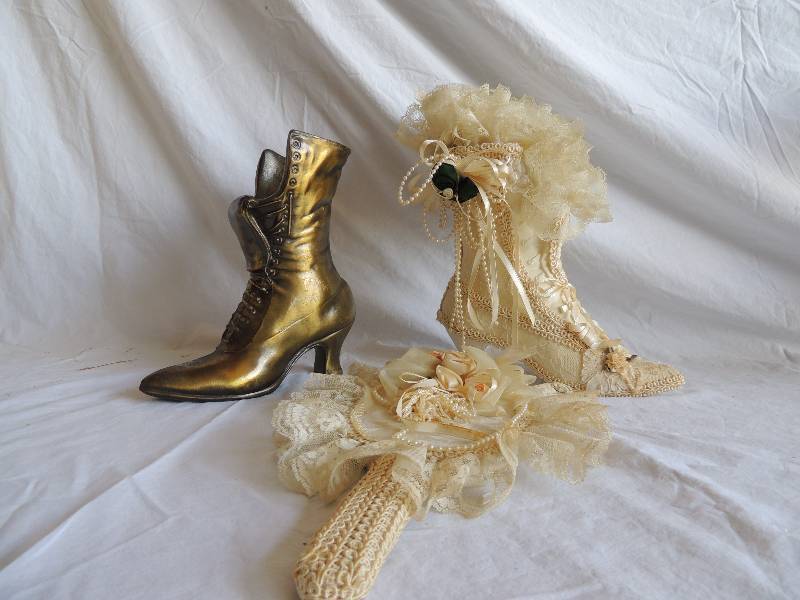 lot 760 image: Bronze metal boot made in Taiwan,  Decorative  Lace covered  boot, AND  hand held mirror