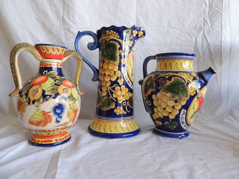 lot 764 image: Double handle Vase with fruit design 13 X 7 Italian design BLUE W YELLOW GRAPES - large PITCHER 13 tall and Medium 9.5 tall