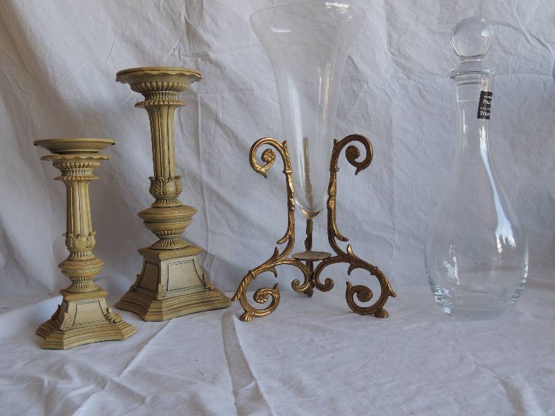 lot 765 image: 2 large tower shaped candle holders,  1 Handmade in Poland Decanter  Metal stand with CLEAR  GLASS VASE