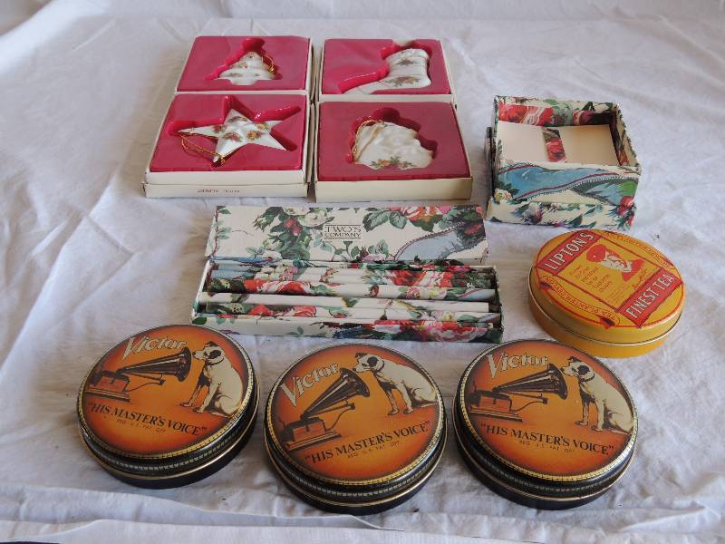 lot 766 image: 4 Royal Albert Art Christmas ornaments, box of twos Company pencil set and note paper, 3 Victor tin containers and 1 Liptons finest tea tins