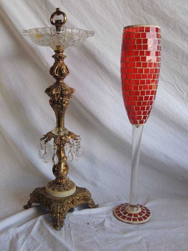 lot 770 image: Tall decorative stand. Metal and very heavy wish crystals hanging from sides 26 tall  .Large red clear wine glass 23.75 tall