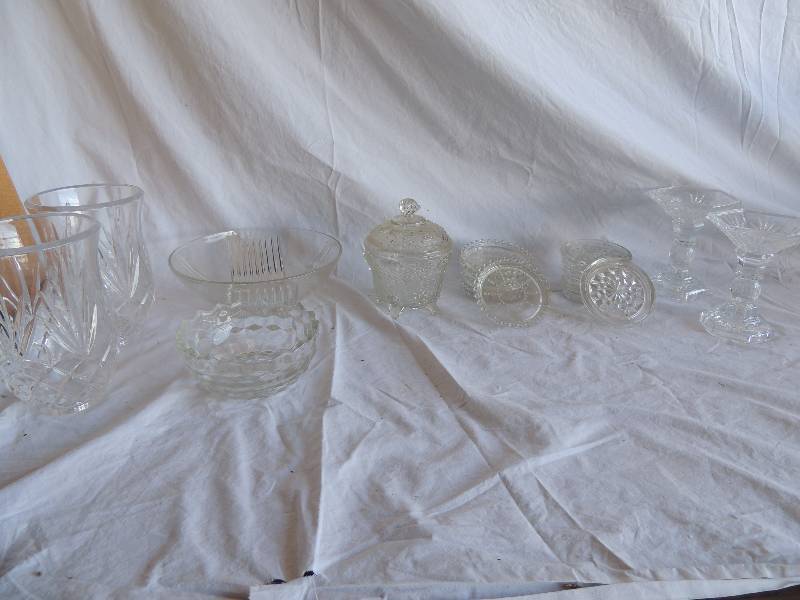 lot 775 image: Pressed glass covered candy dish , 2 sets of 6 glass coasters pressed glass bowl and 2 crystal candle sticks