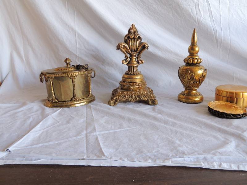 lot 778 image: Hand crafted imports metal ice bucket, gold cup coaster set  and 2 decorative gold pieces