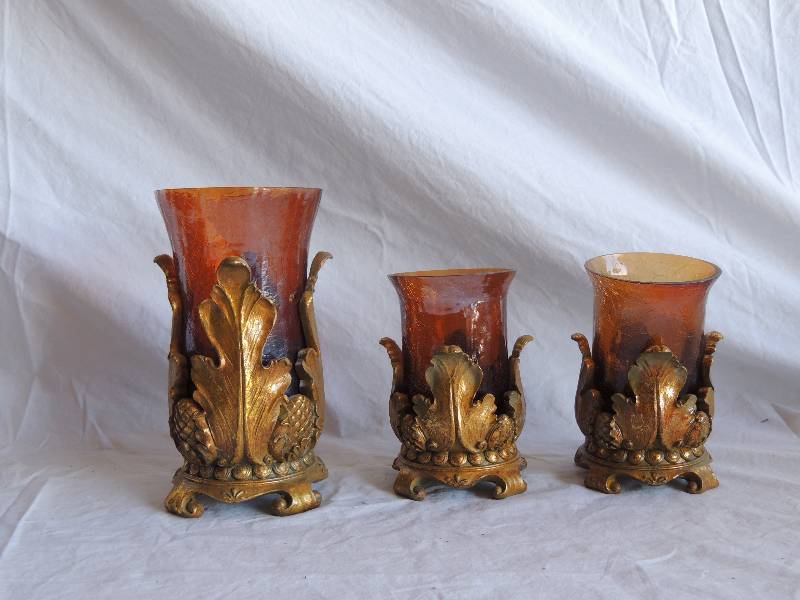 lot 783 image: 3 matching candleholders brown blown glass new condition
