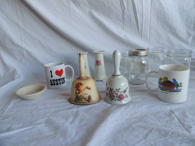 lot 793 image: 4 mason jars, 2 flower candle holders, 1 bossier city coffee mug, 2 bells one with girl one with pink flower 1979
