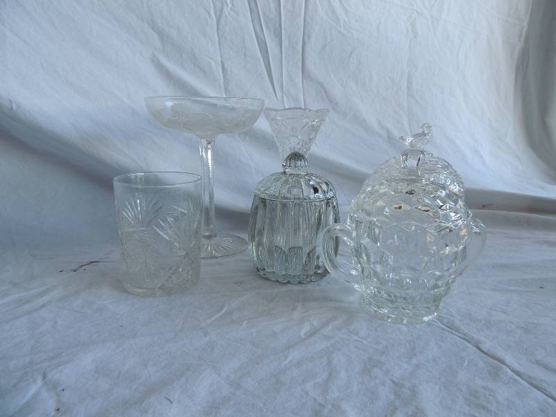 lot 795 image: Glass candy dishes with lids  x 3,  Martini glass , vase   most are pressed glass