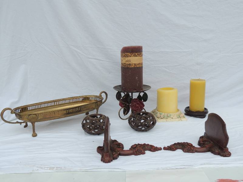lot 806 image: 2  Sirocco wood book ends, various candle stands,   brass serving platter
