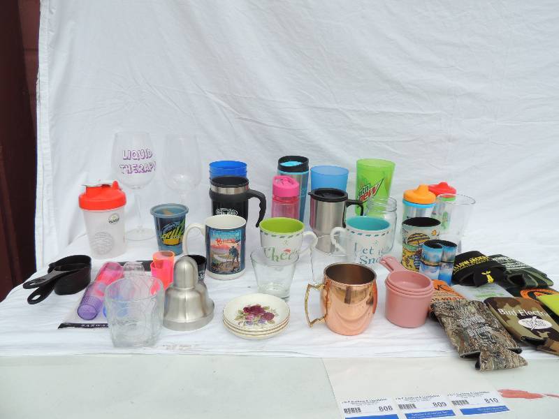 lot 807 image: Misc. kitchen lot-  cups glasses, copper cup, measuring cups & MORE