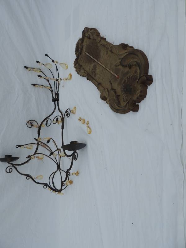 lot 810 image: Cast iron  outside thermometer,  decorative wall piece candle holder
