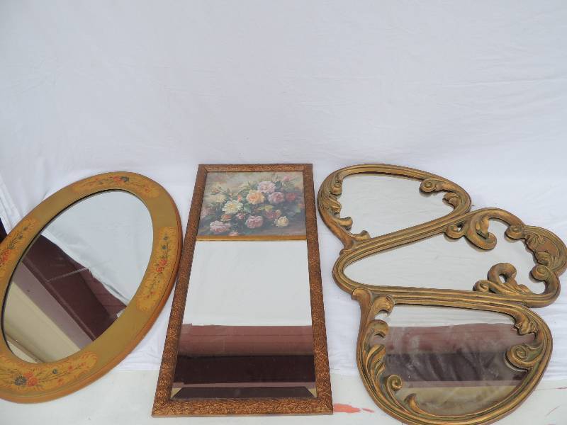 lot 823 image: Oval wall mount mirror 26x 18,     wall mount mirror with floral design 28 x 13.5     hanging art mirror 29 x 24 12