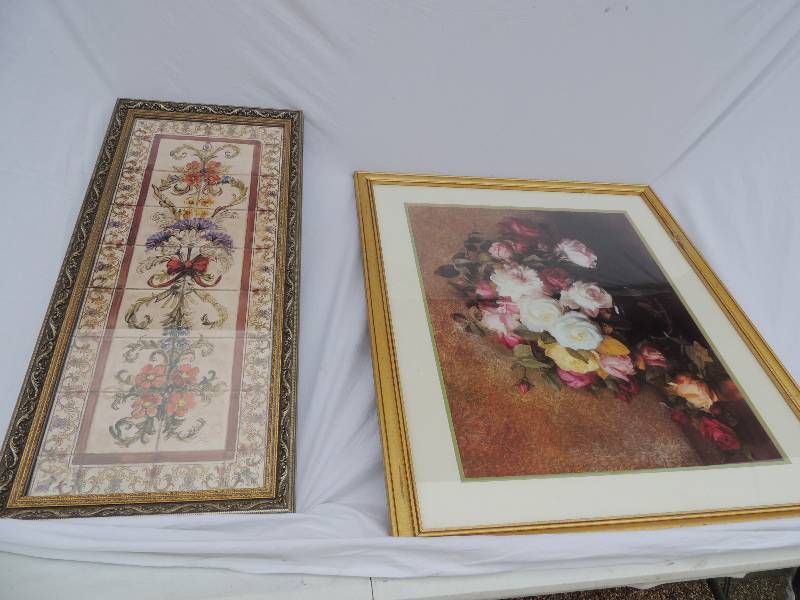lot 825 image: Large framed  art piece Roses 28 x  34 and Wall Framed  Art Tile  32.5t x 15.75 w
