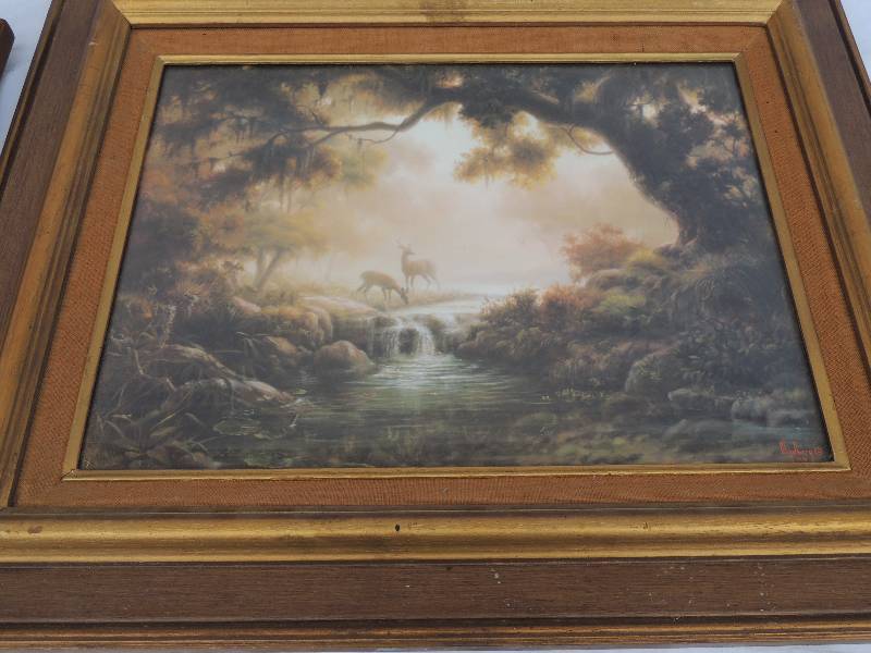 lot 829 image: Framed  Mond Hamphony1889 artprint 7 little girls 16.25 tall x 19.25  Winberg Print WOODLAND REFLECTIONS- forest and deer 1971 18.5x 22.75  Framed Poem  with Cupids