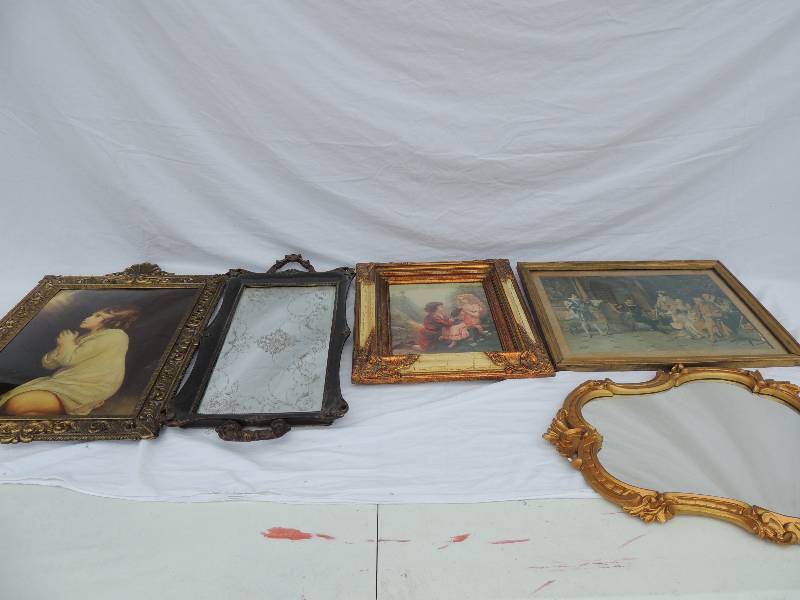 lot 831 image: Photo of girl praying 10 x 12 , mirror tray with handles, 8x10   picture of boy  and girl in love,    gold wall mount mirror and 10 x 12 picture of musicians
