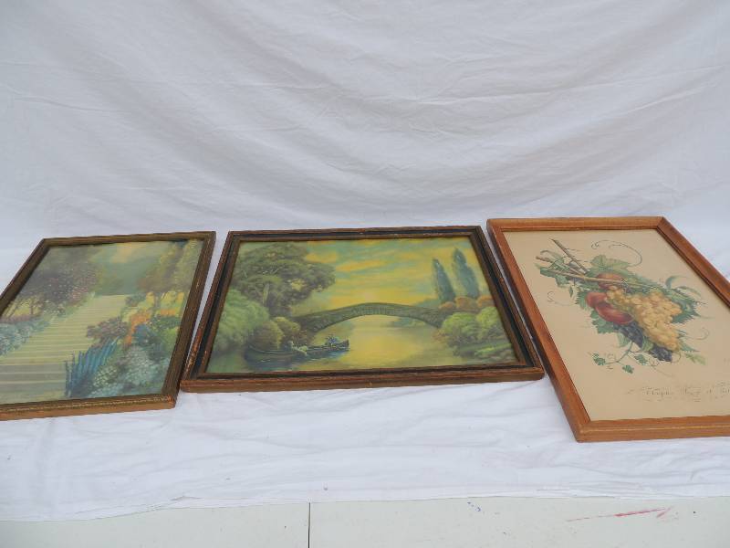 lot 832 image: ART - GOLDEN STAIRS  BY ASHTON DAY 17 X 13 MAN & WOMAN IN BOAT WITH A BRIDGE  BY C. ANDREWS MATTHEWS  16 X 20  FRUIT PRINT  BY J L PROVEST - CHASFELAS MUSCAT AL LECHES  20 X 15