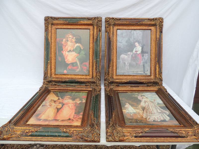 lot 834 image: ART  - GIRL WITH BOY  3 GIRLS WITH BALLOONS  LADY WITH PARISOL , LAMB & LITTLE BOY  BOY WITH LAMB - ALL ARE 24 X 20  WITH VERY NICE FRAMES