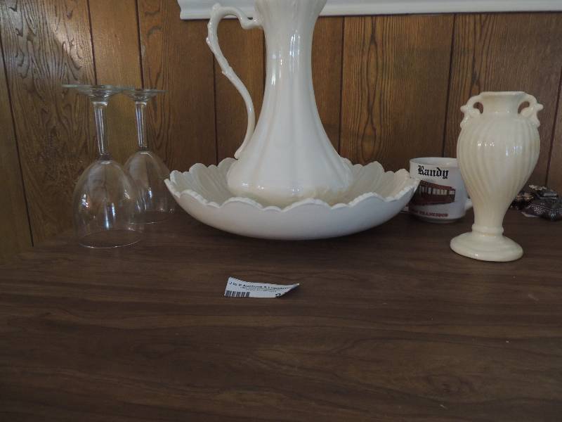 lot 944 image: White ceramic pitcher  12 tall 7  diameter ( has small hole)    AND  White dcorbowlbasin  12W