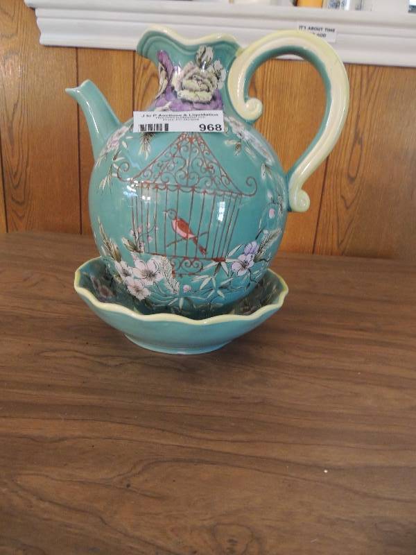 lot 966 image: BIRDCAGE  PITCHER & BOWL   - GREENTEAL WITH FLORAL & BIRD  IN CAGE DESIGN