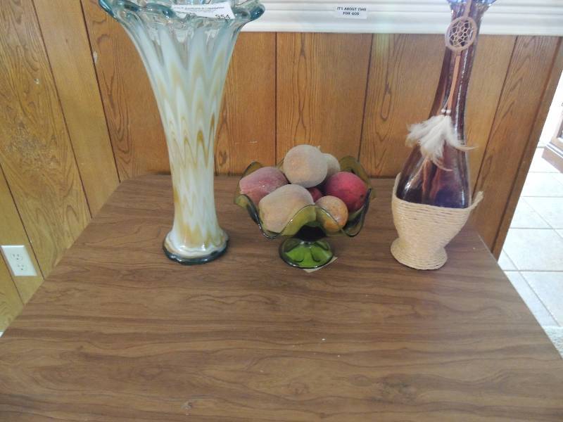 lot 954 image: Yellow SWIRL  glass VASE, GREEN GLASS FRUIT BOWL with FRUIT, BROWN VASE,