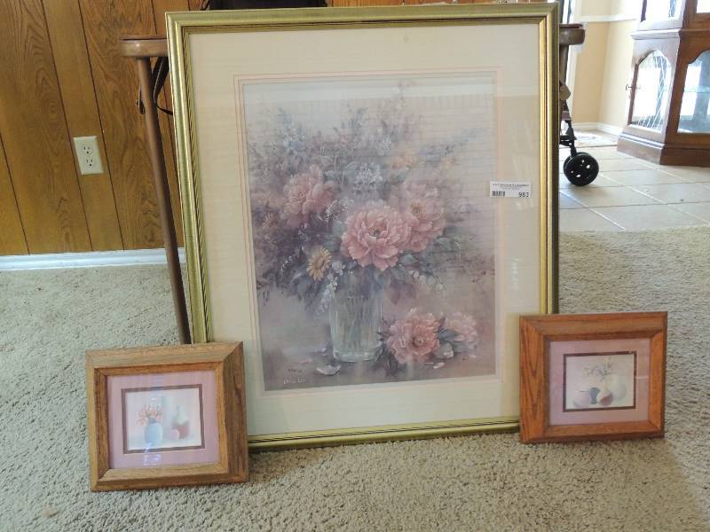 lot 983 image: Large Pink Rose picture and  2 small pink wood frames
