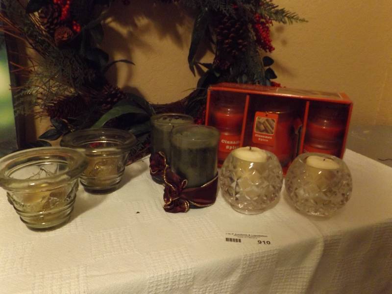 lot 910 image: Candles-2 holders, 3 red cinnamon, 2 green, and 2 boxes of Christmas balls