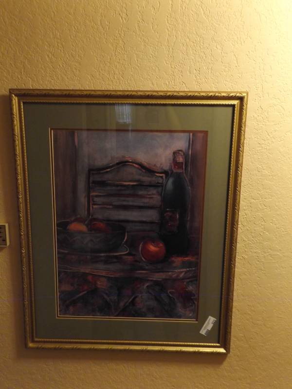 lot 925 image: Wall art- Fruit & wine 32x26, Turquoise Floral 11x9,  Gold frame -  Floral Splendor F. Toussaint 1873-1955 23 x 19
