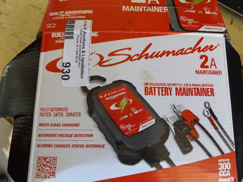 lot 930 image: Black & Decker electric drill in case,  Schumacher 2a battery charger , file,  2 pair of tinsnips and Lenox tape player