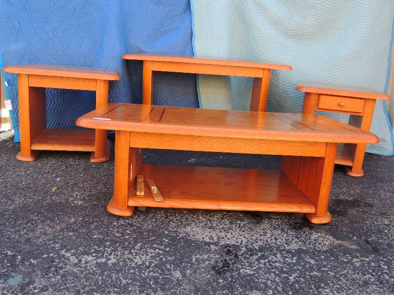 lot 862 image: 4 matching sofa tables- SOFA Table 50 length x 27 tall X 17 W,   End tables with drawers 23 wide 22 H  X 26 D  QTY 2  , COFFEE table with light top 50 long  16.5 tall X 28 W.