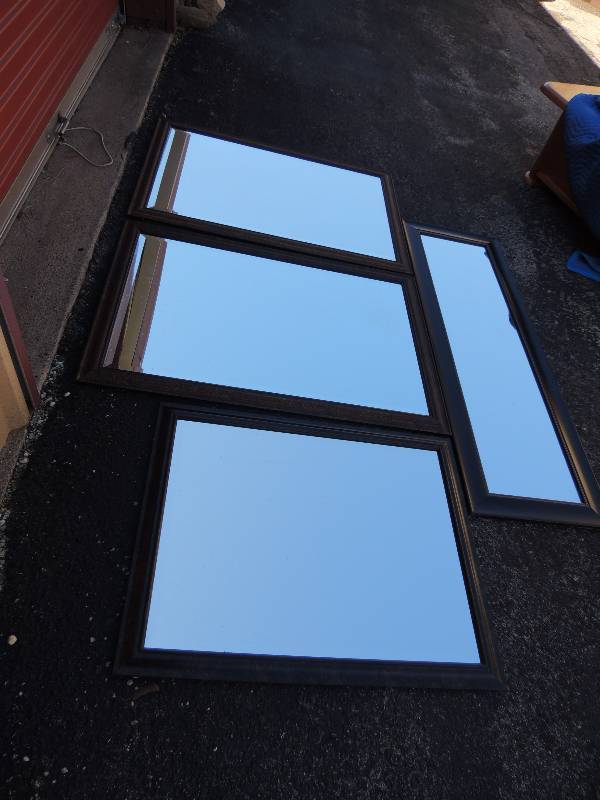 lot 860 image: Two matching wall mirrors 28x40.  One small mirror 25 x 31  Full length mirror black frame 17x53.