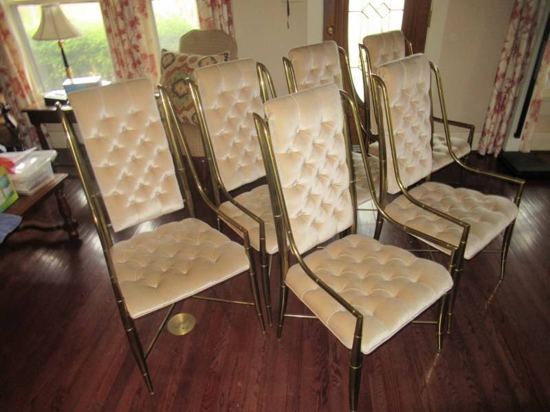lot 12 image: ITALIAN CUSTOM MADE BRASS FRAMED HIGH BACK DINING CHAIRS MATCHES LOT 13 CHAIRS ARE 18 TO SEAT THESE CHAIRS RETAIL FOR OVER $500.00 A PIECE IN EXCELLENT CONDITION