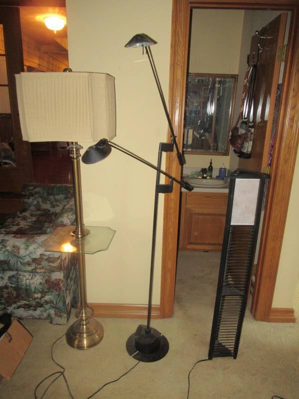 lot 36 image: 3 LAMPS 1 BRASS AND GLASS LAMPTABLE 65 TALL, 1 MODERN ADJUSTABLE LAMP 68 TALL AND 1 CORNER ROOM LAMP 46 TALL