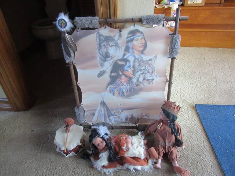 lot 43 image: NATIVE AMERICAN J. MISA COLLECTION PORCELAIN DOLLS, HANGING NATIVE AMERICAN PICTURE AND DRUM