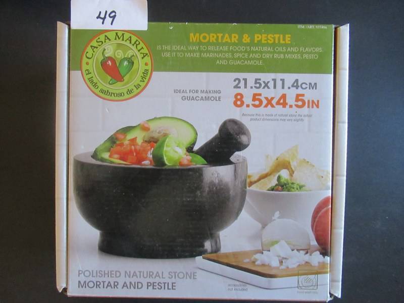 lot 49 image: CASA MARIA MORTAR AND PESTLE MADE OF POLISHED NATURAL STONE 8.5 X 4.5 NEVER OPENED