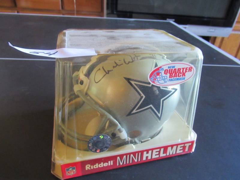 lot 54 image: DALLAS COWBOYS RIDDELL MINI HELMET WITH AUTHENTIC SIGNATURES FROM CLIFF HARRIS #43 AND CHARLIE WATERS #41