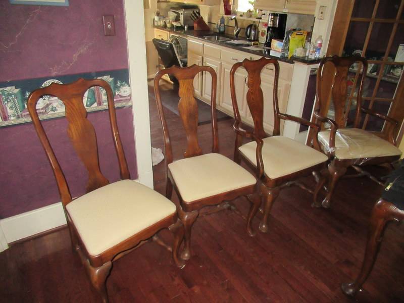 lot 60 image: CENTURY DINING CHAIRS SOLID WOOD AND CLOTH MATCHES LOT 61 1 CHAIR STILL HAS ORIGINAL WRAPPING ON IT