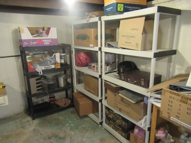 lot 64 image: 3 PLASTIC STORAGE SHELVES WITH CONTENTS 2 MEASURE 36 X 18 X 73 THE OTHER MEASURES 35 X 17 55
