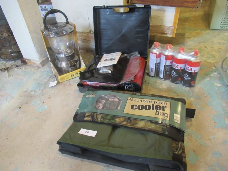 lot 70 image: CAMPING SUPPLIES INCLUDING REDHEAD 48 CAN COOLER BAG, GE LANTERN WITH LED TECHNOLOGY, THUNDER RANGE CAMP STOVE AND MEGA COOKING FUEL